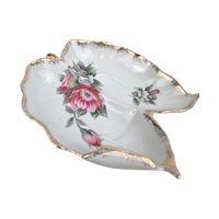 Vintage 1950s Ucago China Leaf Dish: Floral Ceramic Dresser Tray with Gold Trim