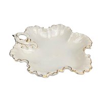 Vintage 1987 Ceramic Leaf Dish: Cream and Gold Gilt Trinket Tray, Hollywood Regency Candy Dish