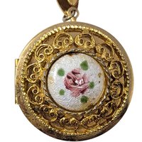 Vintage Pink Rose Locket Necklace: Gold Tone Ornate Floral Jewelry