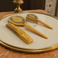Vintage 1930s Celluloid Vanity Set: Art Deco Dresser Mirror and Brush