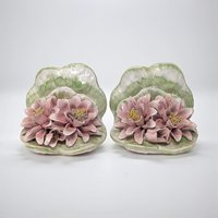 Vintage 1980s Italian Porcelain Bookends: OGG Italy Water Lily Pair