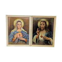 Vintage 1952 Sacred Heart Pair: Florence Kroger Jesus and Mary Wall Hangings