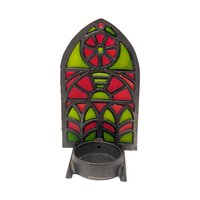 Vintage Faux Stained Glass Candle Holder: Gothic Cathedral Window Metal and Resin Tealight Holder