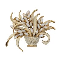 Vintage ART Flower Basket Brooch: White Enamel Gold Tone Pin
