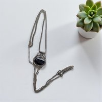 Vintage Gunmetal Tassel Necklace: Black Stone Art Pendant