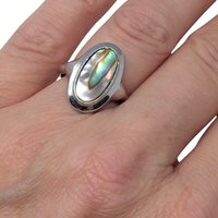 Vintage Avon Abalone Shell Ring: Silver Tone Adjustable Band