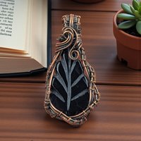 Carved Black Onyx Leaf Pendant: Copper Wire Wrapped Handmade Jewelry
