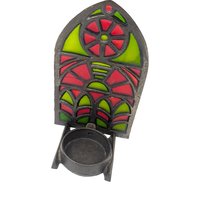 Vintage Faux Stained Glass Candle Holder: Gothic Cathedral Window Metal and Resin Tealight Holder