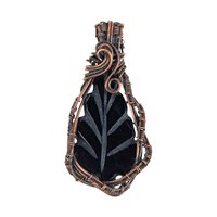 Carved Black Onyx Leaf Pendant: Copper Wire Wrapped Handmade Jewelry