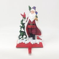 Vintage Santa Claus Stocking Holder: Handpainted Resin with Cardinal Birds Christmas Mantle Decor