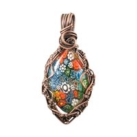 Millefiori Glass Copper Pendant: Handmade Wire Wrapped Flower Necklace