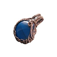 Blue Agate Copper Pendant: Handmade Wire Wrapped Round Gemstone
