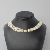 Vintage White Bead Multi-Strand Necklace: Elegant Bridal Choker with Faux Pearl Clasp