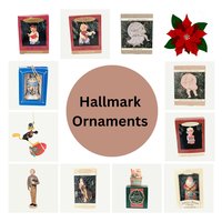 A collage of diverse vintage holiday ornaments including characters like Daffy Duck, Santa Claus, and Victorian bears, some in their original red and green Keepsake boxes.