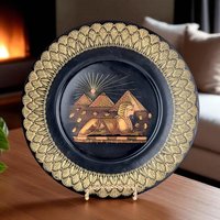 Vintage Egyptian Brass Plate: Sphinx & Pyramids Wall Hanging