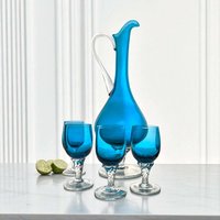 Mid-Century Blue Glass Decanter and Cordial Glass Set