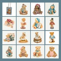 A selection of textured resin teddy bear figurines in various costumes and poses, including a bear holding a pig, a bear in a Christmas clock, and a bear on a rocking horse.