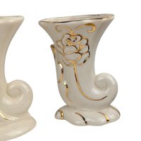 Vintage Cream Cornucopia Vase Set: Rose & Gold Bud Vases