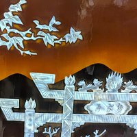 Vintage Vietnamese Lacquer Wall Panel: Torii Gate & Mother of Pearl Inlay