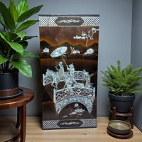 Vintage Vietnamese Lacquer Wall Panel: Horse & Bridge Mother of Pearl Inlay