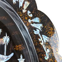 Vintage Asian Black Lacquer Mother of Pearl Inlaid Wall Plaque