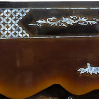 Vintage Vietnamese Lacquer Wall Panel: Horse & Bridge Mother of Pearl Inlay