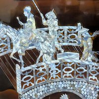 Vintage Vietnamese Lacquer Wall Panel: Horse & Bridge Mother of Pearl Inlay