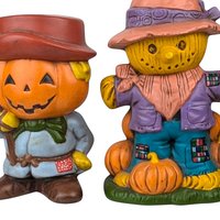 1970s Hand-Painted Scarecrow & Jack-O'-Lantern Ceramic Figures