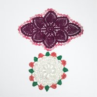 Vintage Handmade Burgundy and Rose White Crochet Doily Set