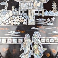 Vintage Asian Black Lacquer Mother of Pearl Inlaid Wall Plaque