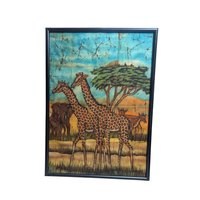 Vintage African Batik Painting - Safari Giraffe Cloth Wall Art