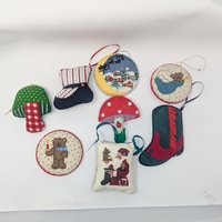 1970s Handcrafted Needlepoint and Cross Stitch Christmas Ornament Set of 8