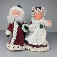 1980s Crochet Dressed Plastic Santa and Mrs. Claus Dolls