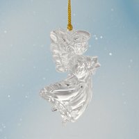 Clear faceted crystal angel ornament with a frosted face and hands. The angel has wide spread wings and a bell-shaped gown that catches and refracts light.