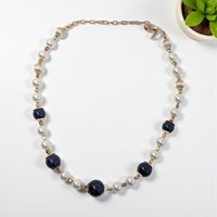 Vintage George Signed Blue, White & Gold Glass Bead Necklace