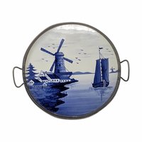 Vintage Blue Windmill Porcelain Tray & Coaster Set