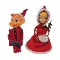 Vintage Pair of Christmas Ornaments Knee Hugger Elf and Velvet Girl