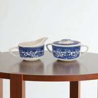 Vintage Royal Blue Willow Ceramic Cream and Sugar Set