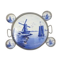 Vintage Blue Windmill Porcelain Tray & Coaster Set