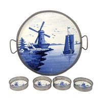 Vintage Blue Windmill Porcelain Tray & Coaster Set