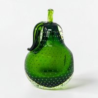 1960s Green Murano Glass Pear Paperweight – Mid-century Bullicante Glass Art Decor