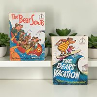 Two vintage Berenstain Bears hardcover books showing canoeing and surfing scenes positioned next to a 3D sculpted resin picture frame featuring Brother and Sister Bear lounging in the grass with a picnic basket.