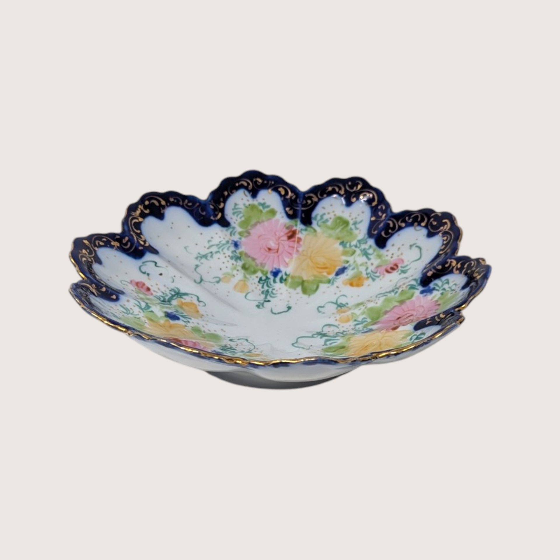1910s Porcelain Scalloped Bowl Cobalt Gold Floral Serving Dish