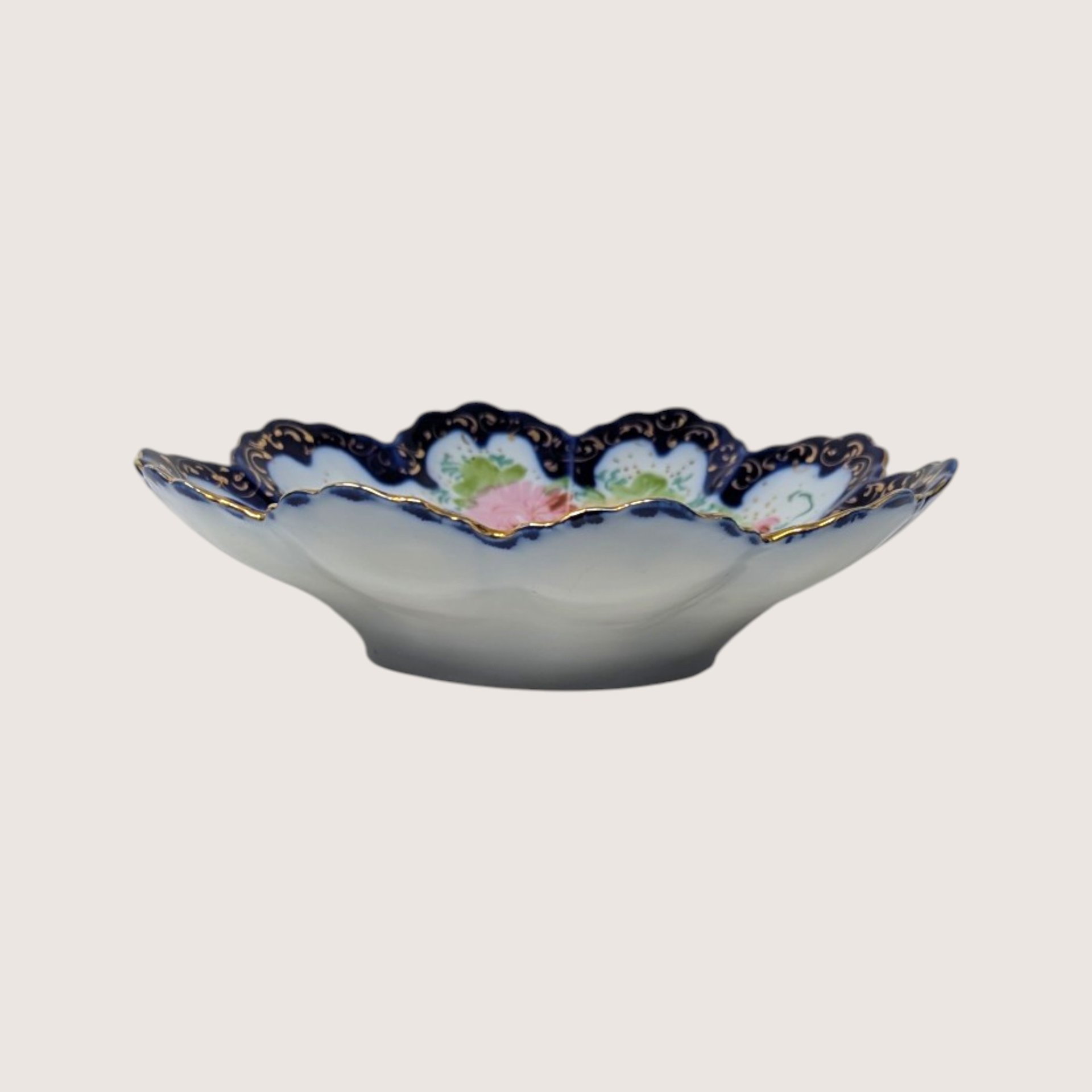 1910s Porcelain Scalloped Bowl Cobalt Gold Floral Serving Dish