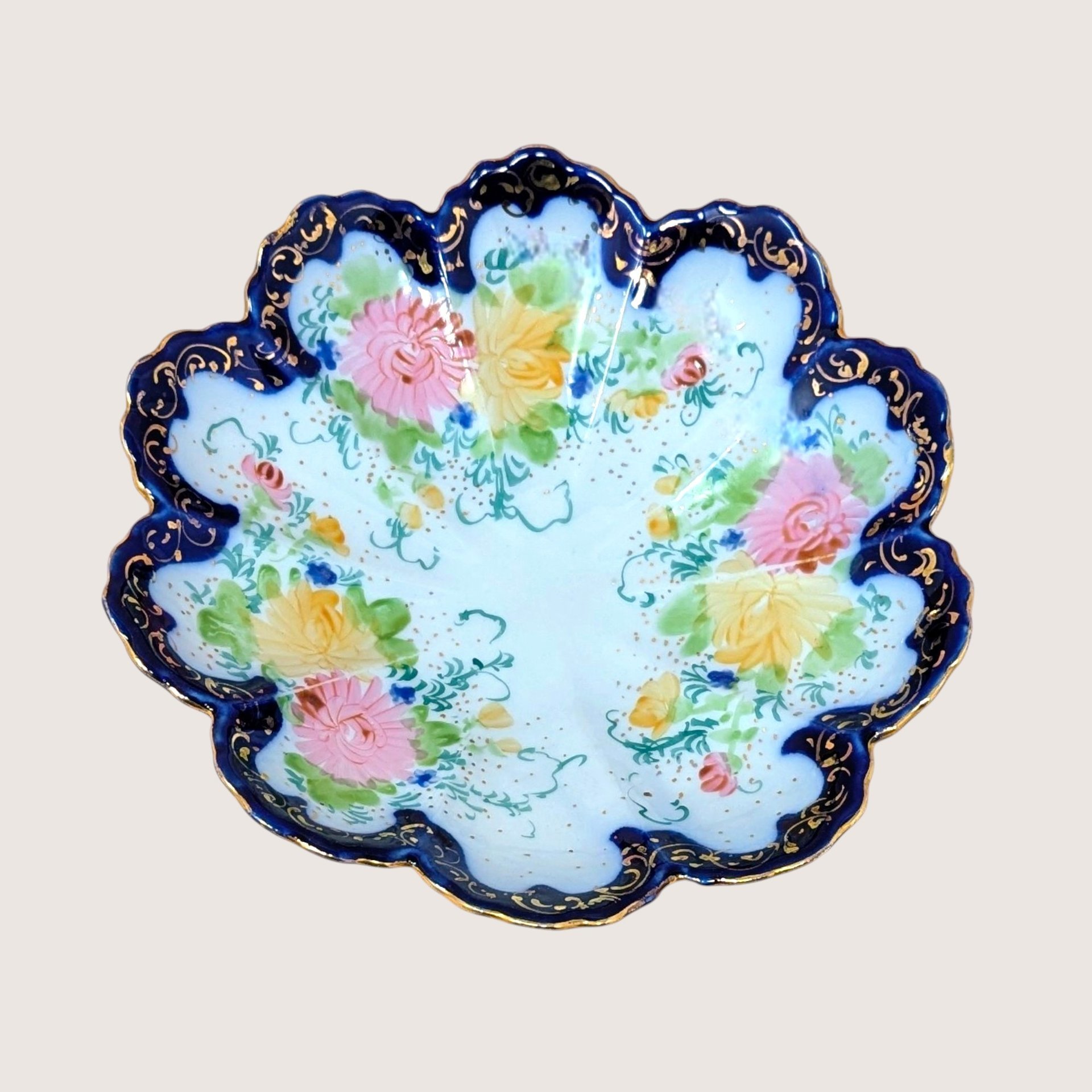 1940s Hand-Painted Porcelain Scalloped Bowl
