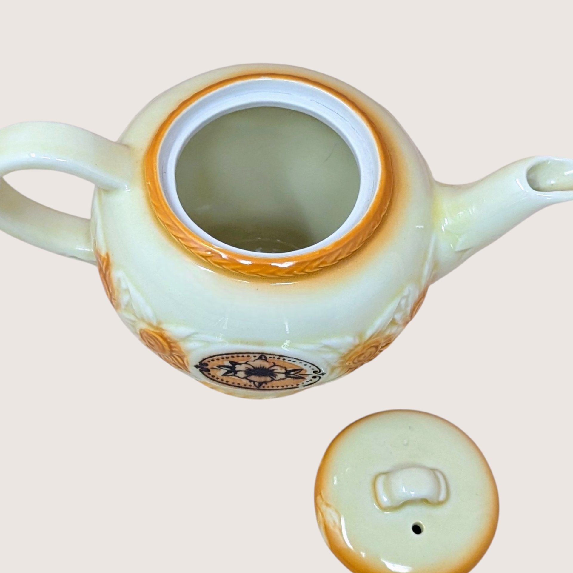 1930s  Brown Medallion Porcelier Vitreous China Teapot