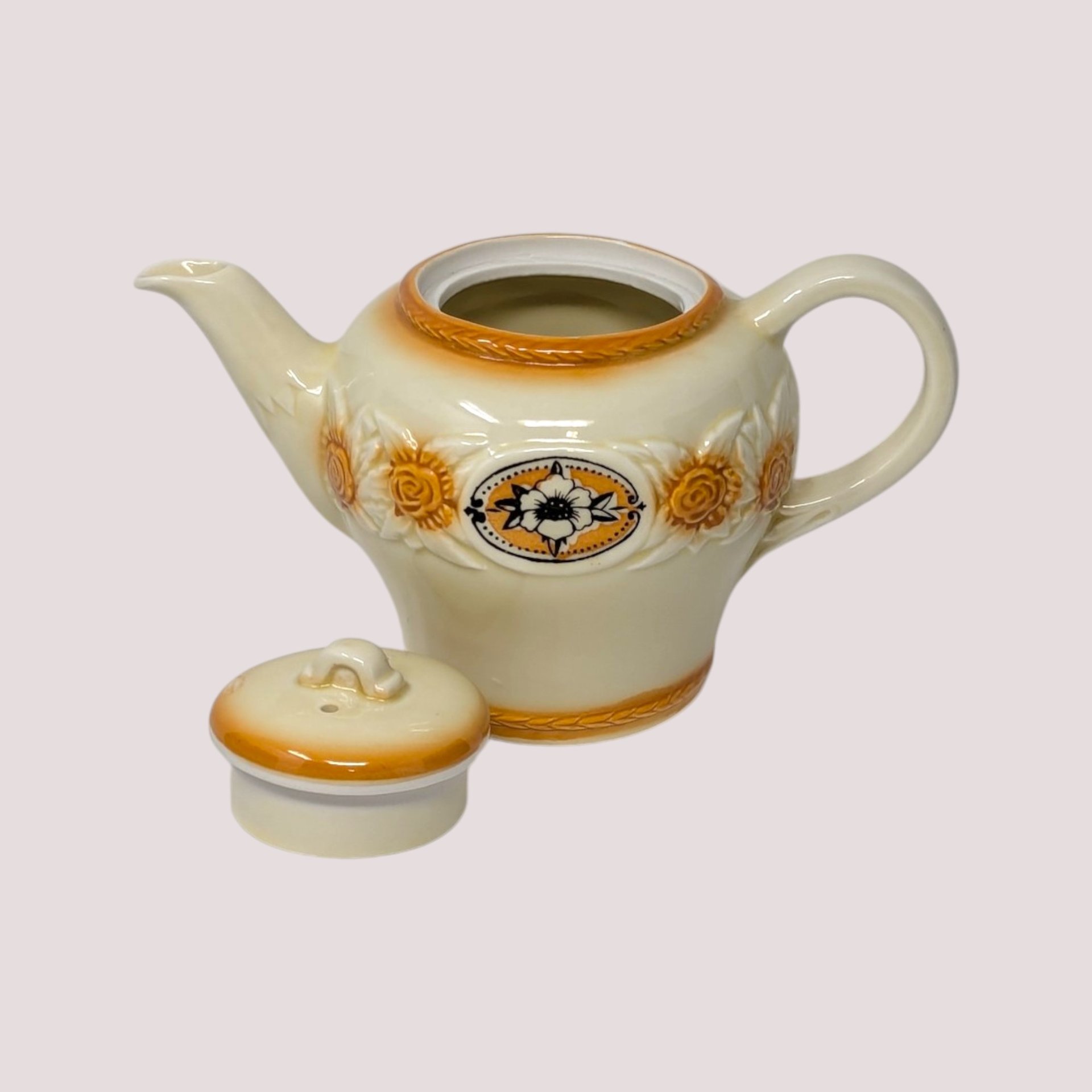 Vintage Porcelier Floral Medallion Ceramic Teapot