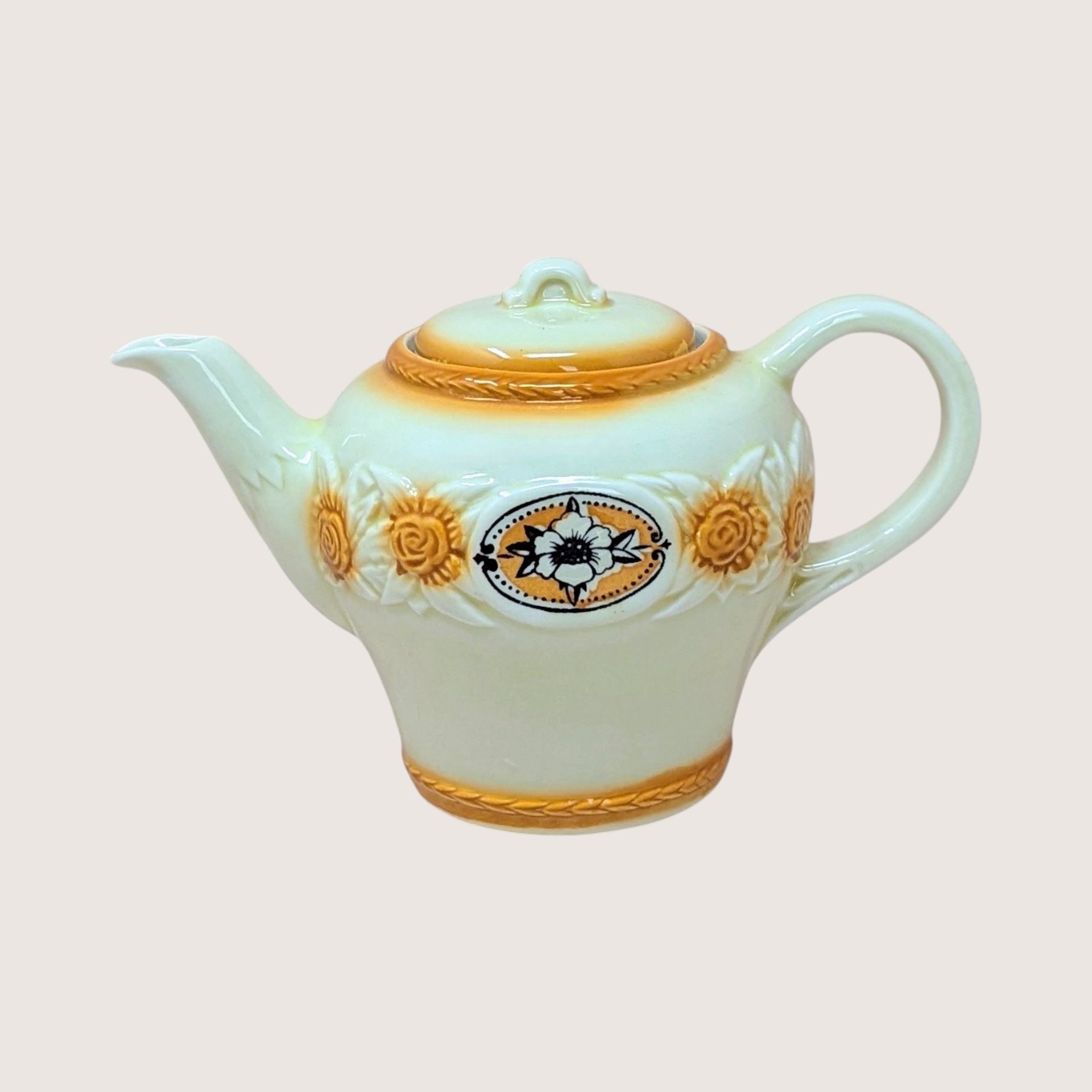 1930s  Brown Medallion Porcelier Vitreous China Teapot