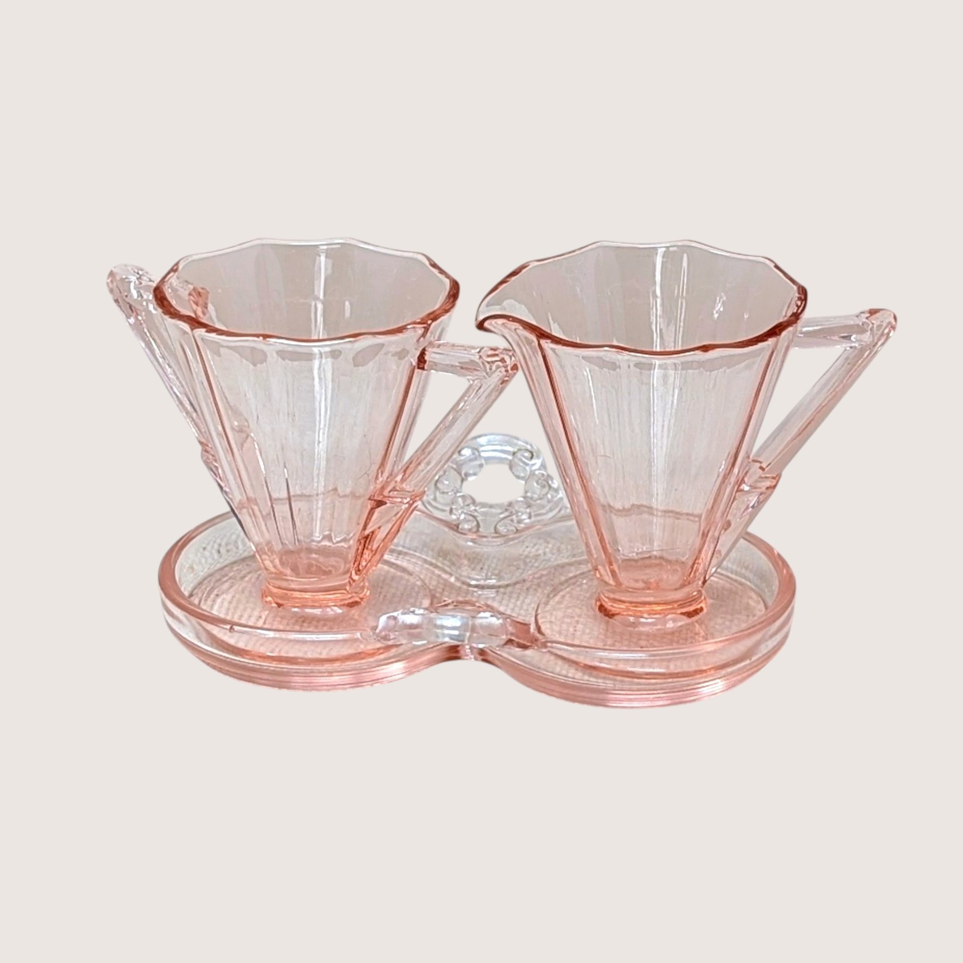 1930s Cambridge Pink Glass Decagon Cream and Sugar Set 