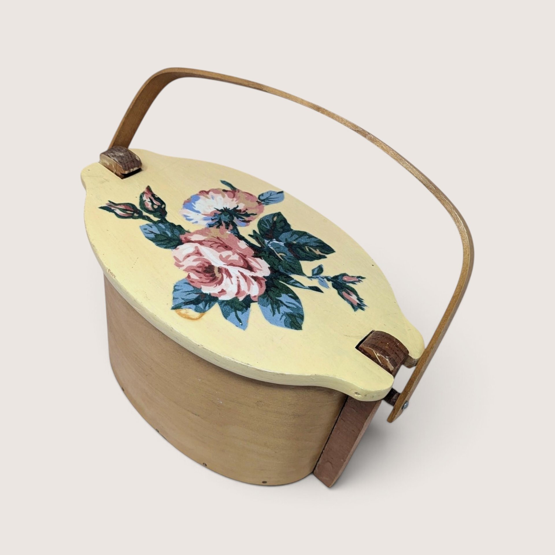 Vintage Basketville Vermont Floral Lidded Wood Basket